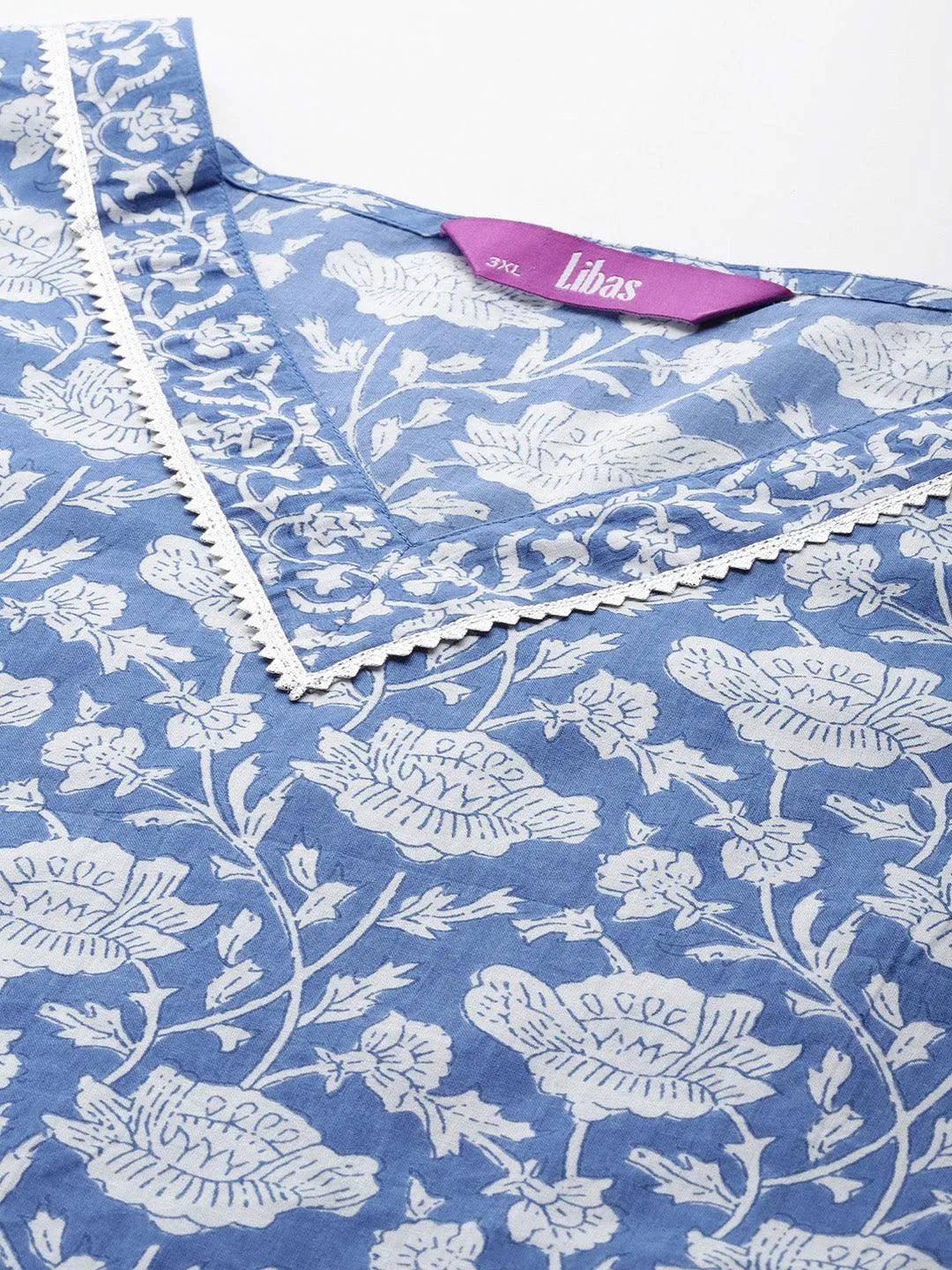 Plus Size Blue Printed Cotton Straight Kurta With Palazzos & Dupatta - Libas 