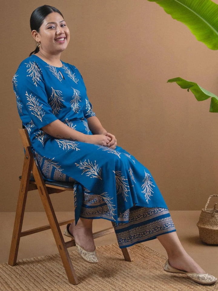 Plus Size Blue Printed Cotton Kurta Set - Libas