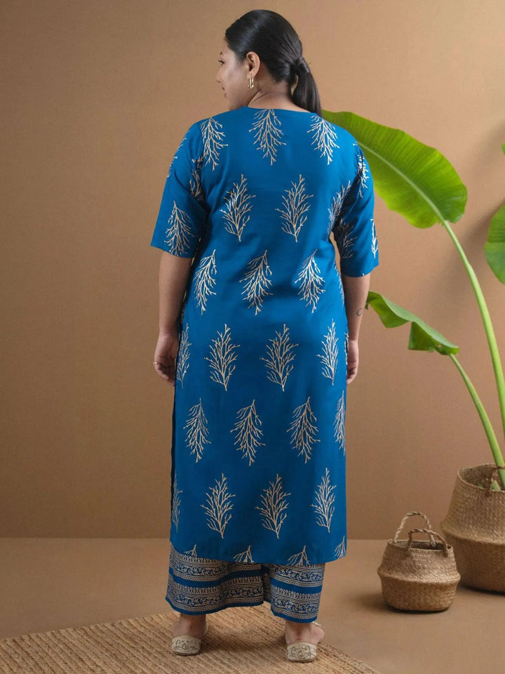 Plus Size Blue Printed Cotton Kurta Set - Libas