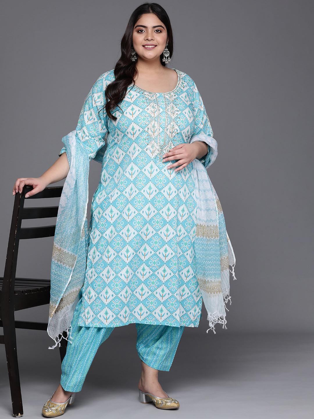Plus Size Blue Printed Cotton Straight Kurta With Salwar & Dupatta