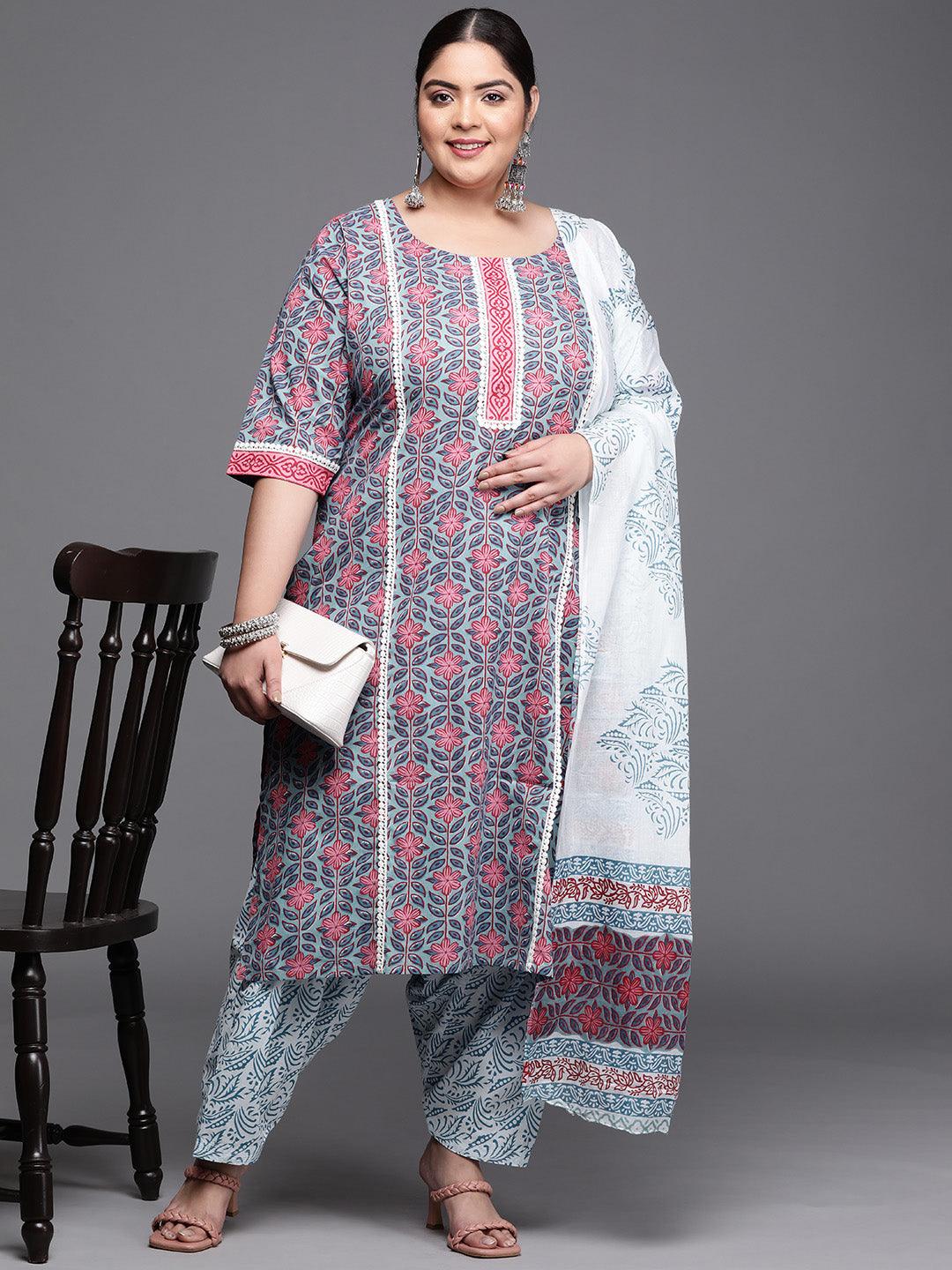 Plus Size Blue Printed Cotton Straight Kurta With Salwar & Dupatta