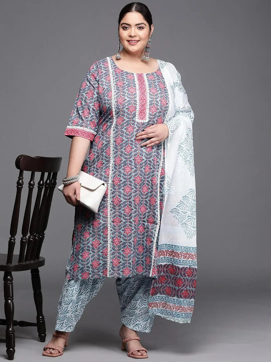 Plus Size Blue Printed Cotton Suit Set - Libas