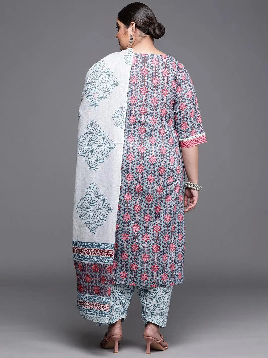 Plus Size Blue Printed Cotton Suit Set - Libas