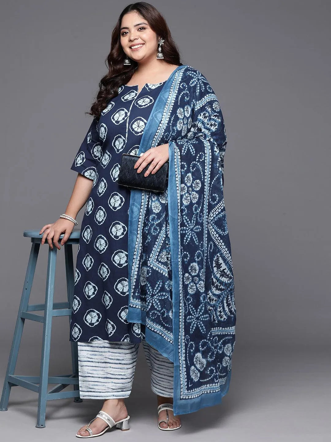 Plus Size Blue Printed Cotton Straight Kurta With Salwar Dupatta - Libas 