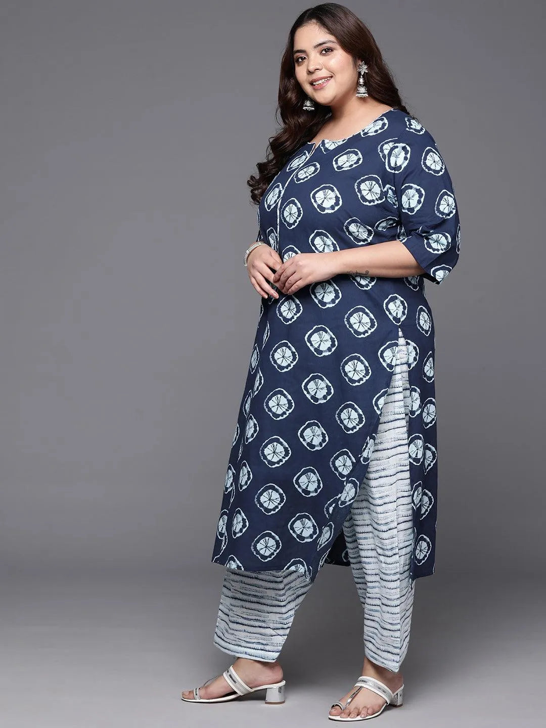 Plus Size Blue Printed Cotton Straight Kurta With Salwar Dupatta - Libas 