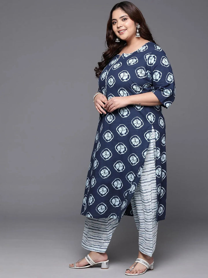 Plus Size Blue Printed Cotton Straight Kurta With Salwar Dupatta - Libas