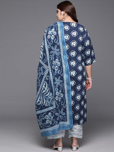 Plus Size Blue Printed Cotton Straight Kurta With Salwar Dupatta - Libas