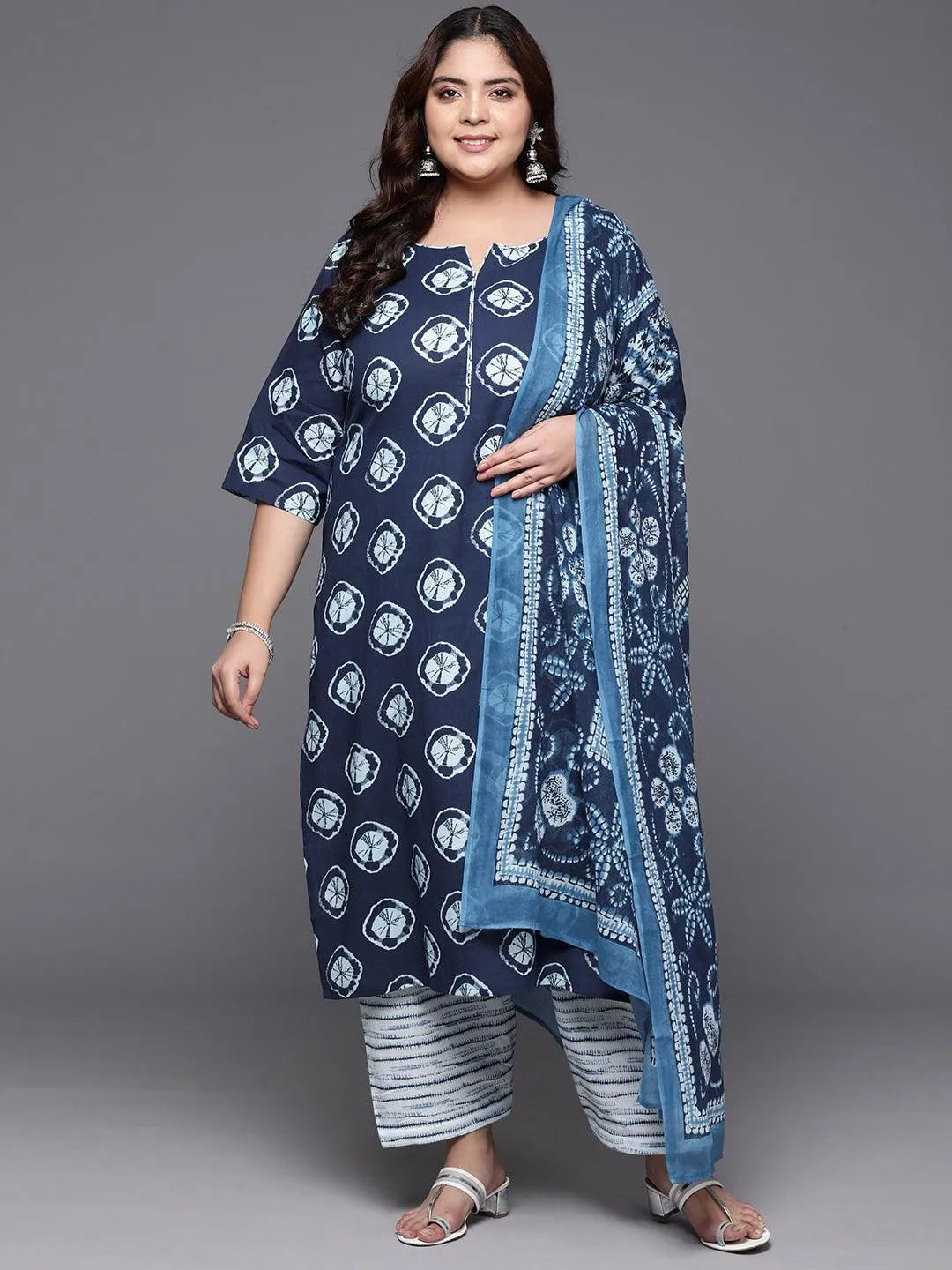 Plus Size Blue Printed Cotton Straight Kurta With Salwar Dupatta - Libas 