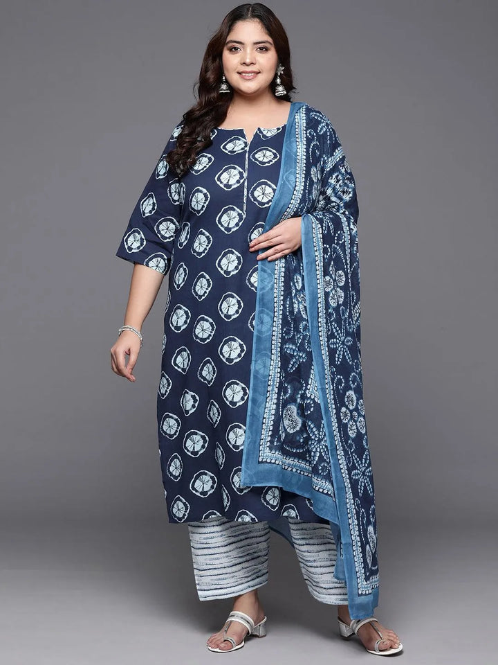 Plus Size Blue Printed Cotton Straight Kurta With Salwar Dupatta - Libas