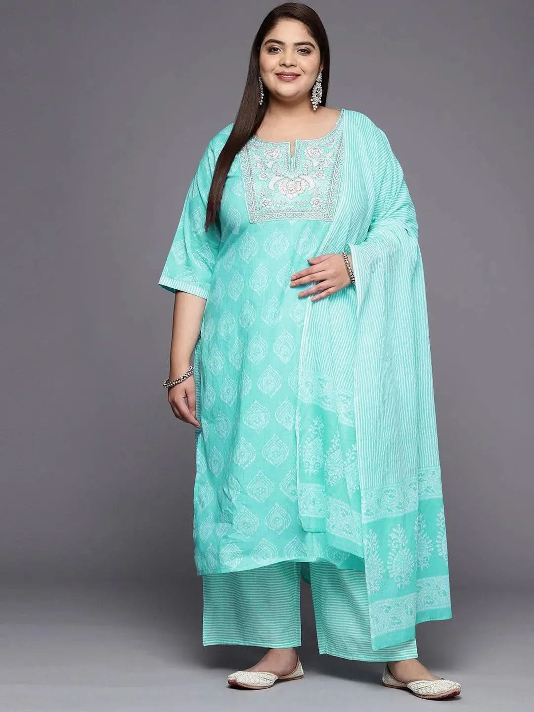 

Plus Size Blue Printed Cotton Straight Kurta With Trousers & Dupatta
