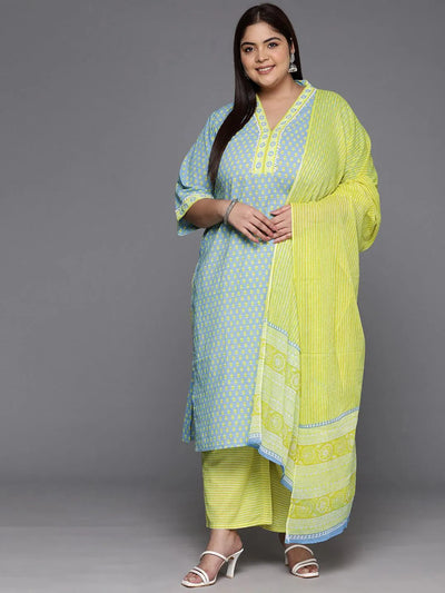 Plus Size Blue Printed Cotton Straight Kurta With Trousers & Dupatta - Libas