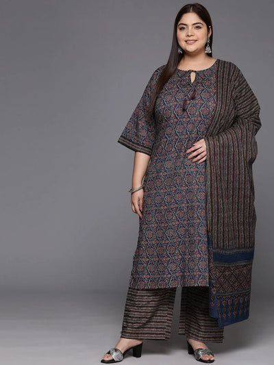 Plus Size Blue Printed Cotton Straight Kurta With Trousers & Dupatta - Libas