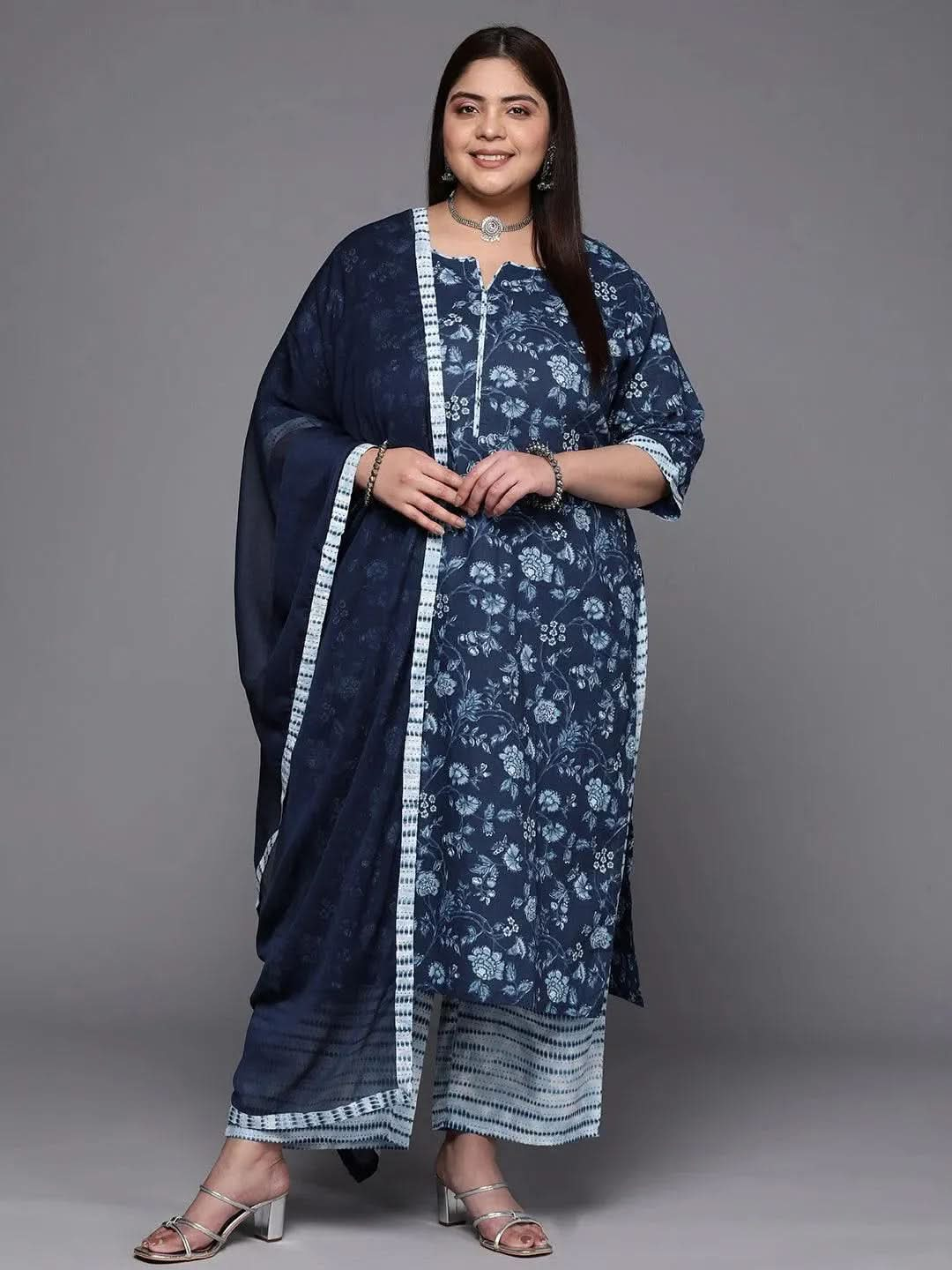 Plus Size Blue Printed Cotton Suit Set With Trousers - Libas