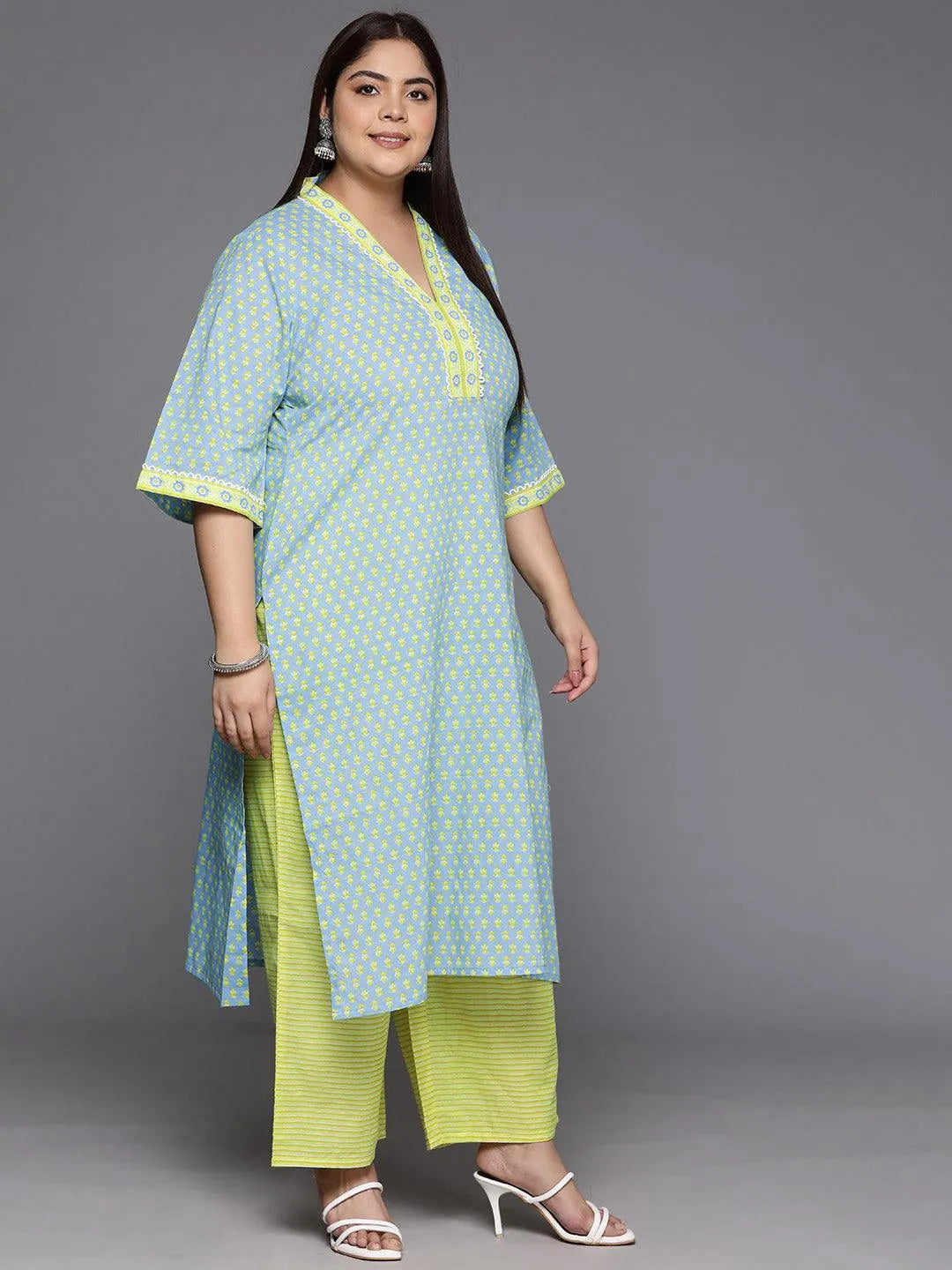 Plus Size Blue Printed Cotton Straight Kurta With Trousers & Dupatta - Libas