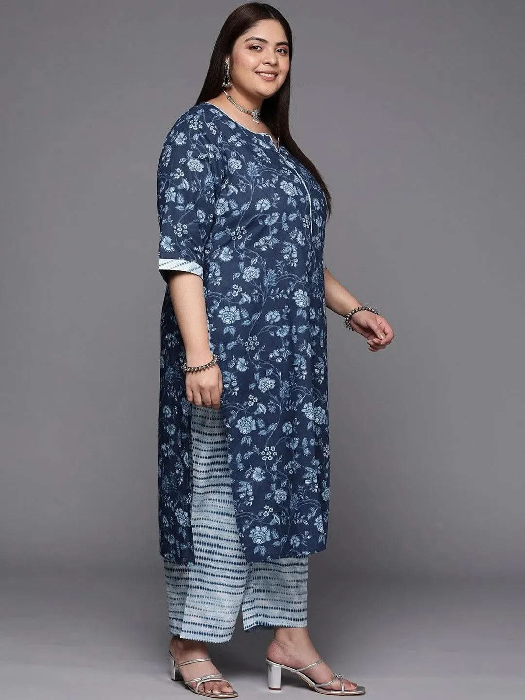 Plus Size Blue Printed Cotton Suit Set With Trousers - Libas