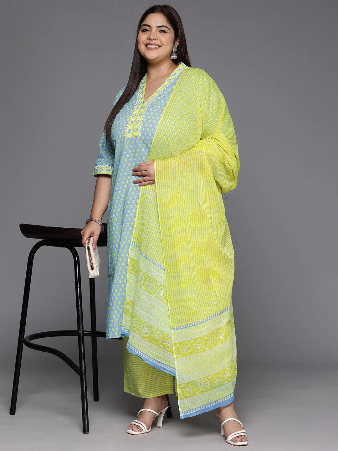 Plus Size Blue Printed Cotton Straight Kurta With Trousers & Dupatta - Libas