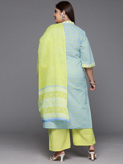 Plus Size Blue Printed Cotton Straight Kurta With Trousers & Dupatta - Libas