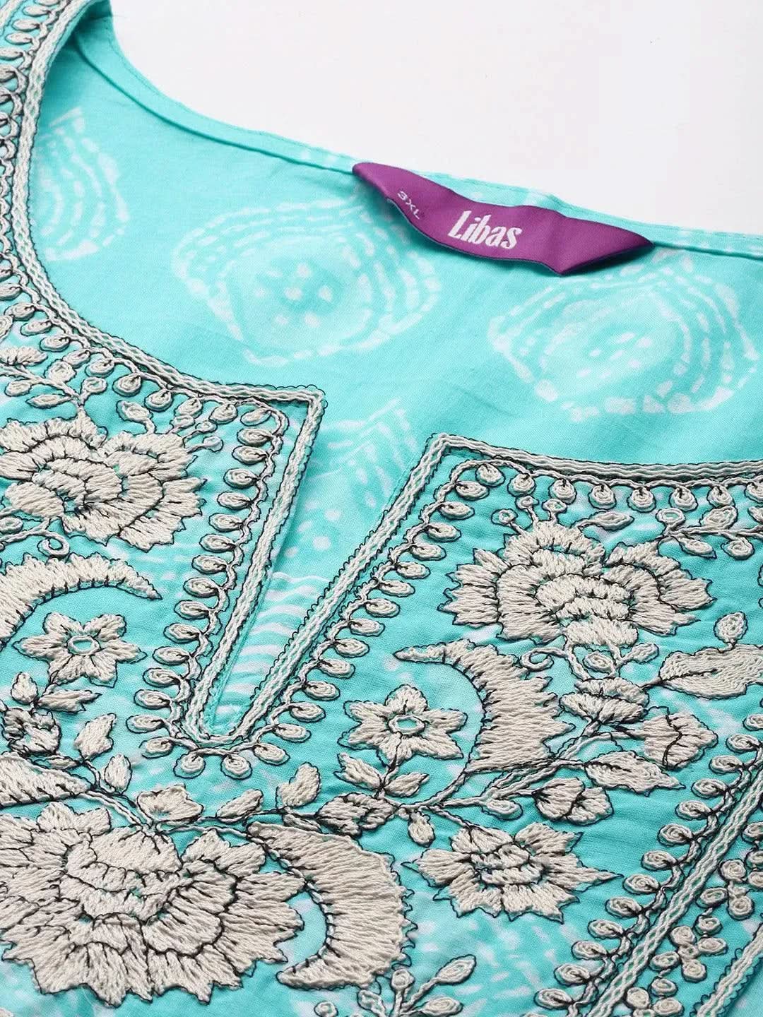 Plus Size Blue Yoke Design Cotton Straight Suit Set - Libas 