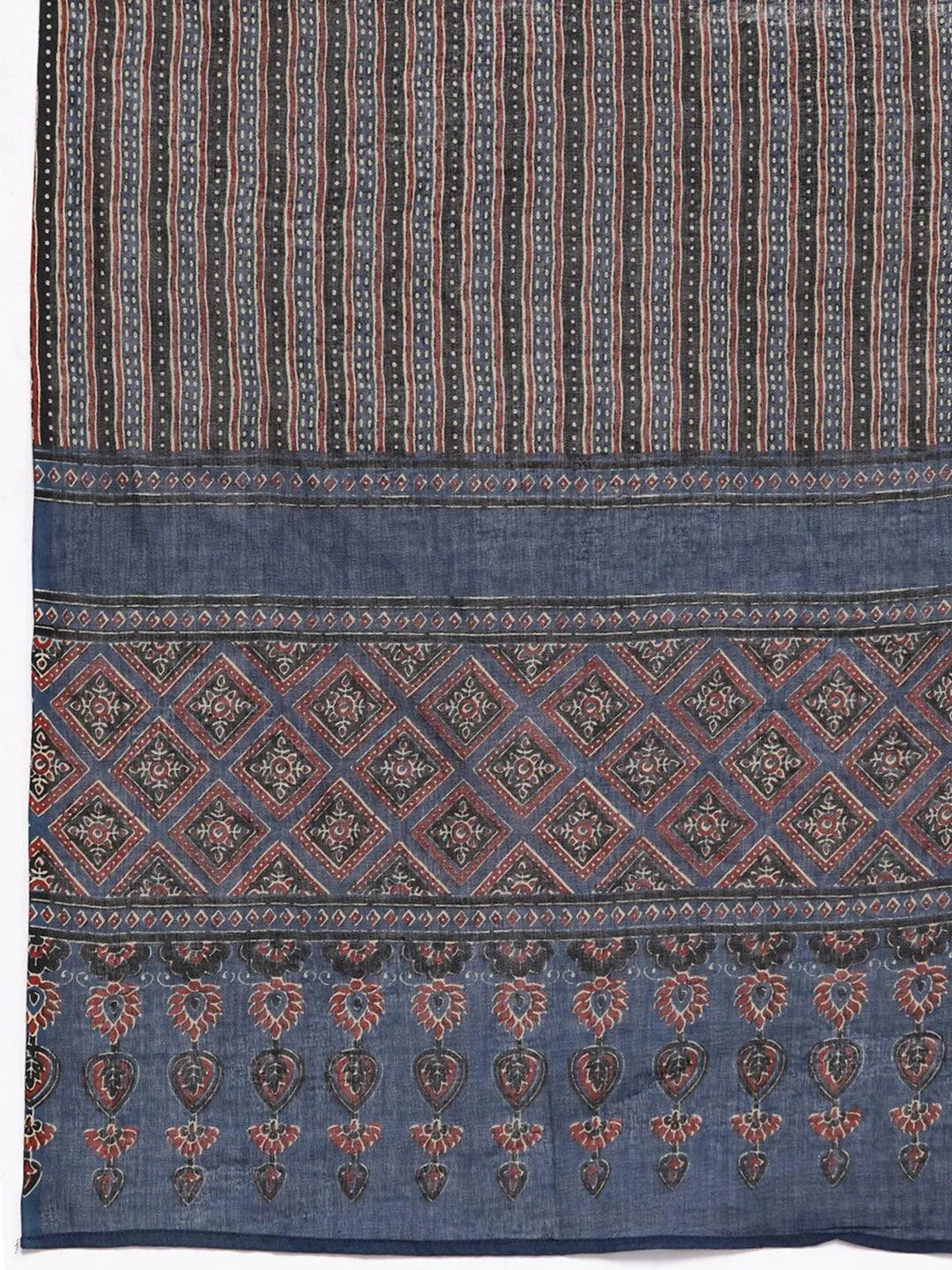 Plus Size Blue Printed Cotton Straight Kurta With Trousers & Dupatta - Libas 