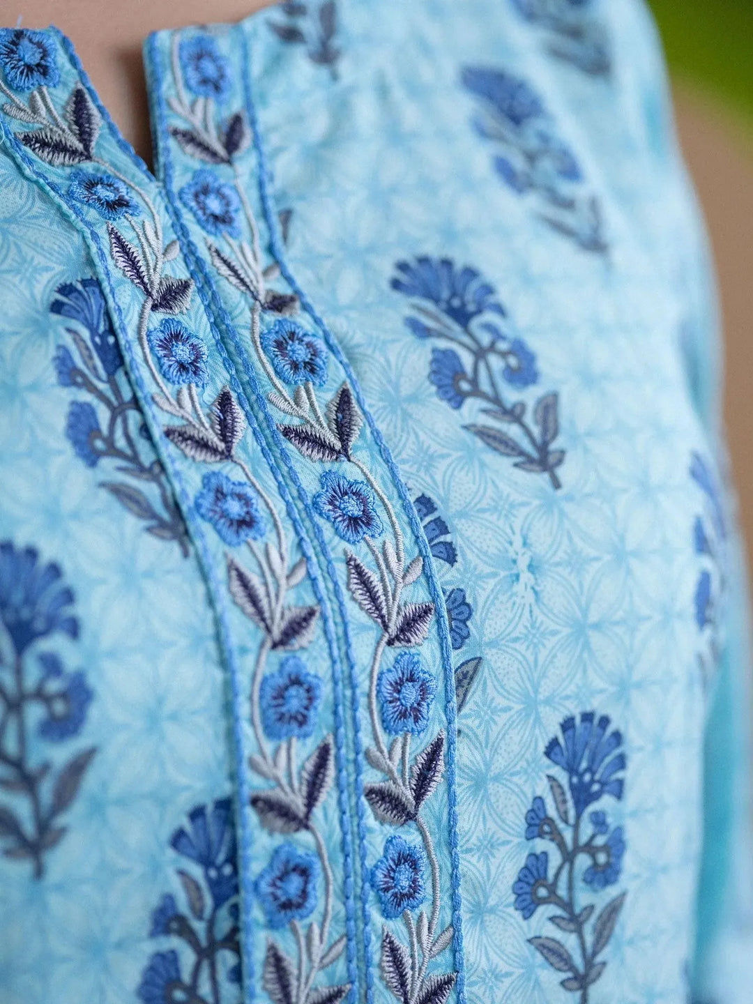 Plus Size Blue Printed Cotton Kurta Set - Libas 
