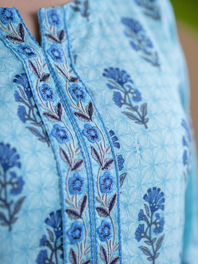 Plus Size Blue Printed Cotton Kurta Set - Libas