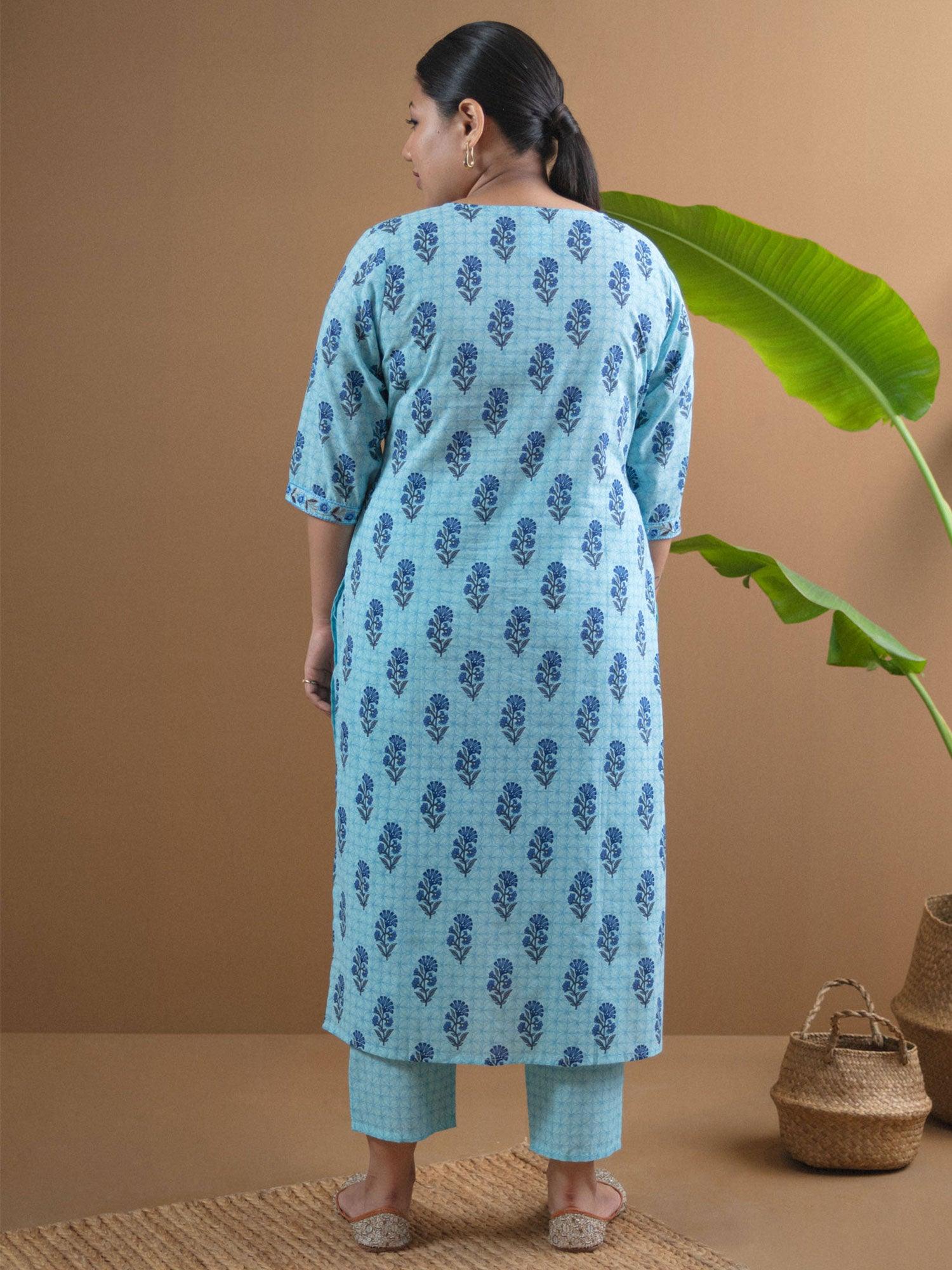 Plus Size Blue Printed Cotton Straight Kurta With Trousers