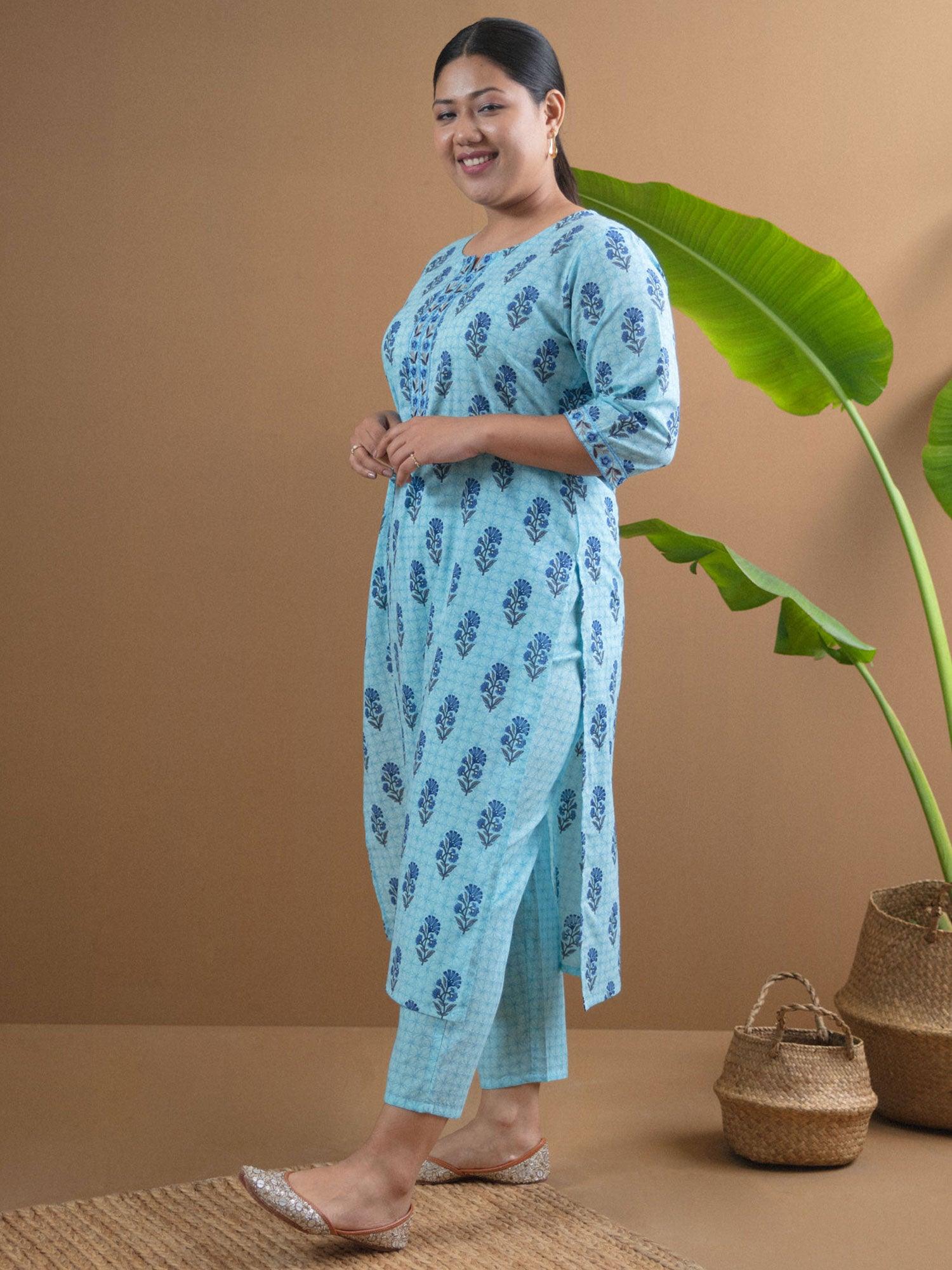 Plus Size Blue Printed Cotton Straight Kurta With Trousers