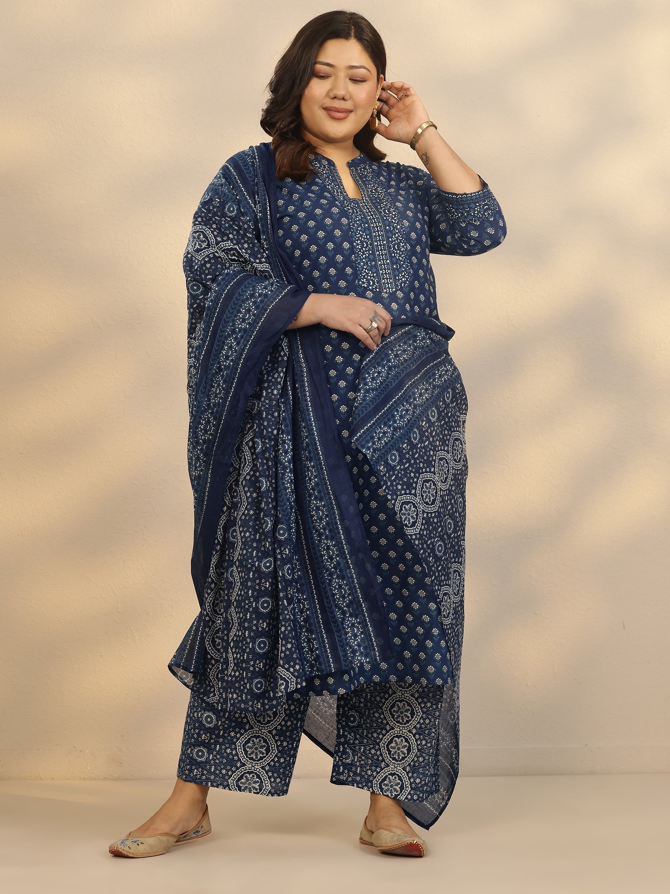 libas Plus Size Blue Printed Cotton Straight Suit Set With Dupatta-picture-34