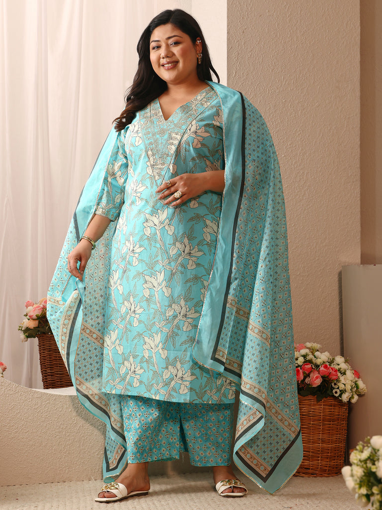 Plus Size Blue Printed Cotton Suit Set With Dupatta