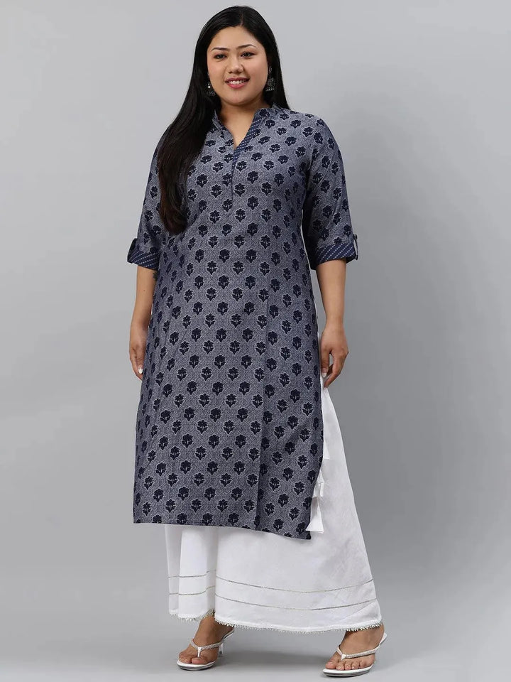 Plus Size Blue Printed Rayon Kurta - Libas