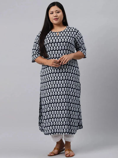 Plus Size Blue Printed Rayon Kurta - Libas