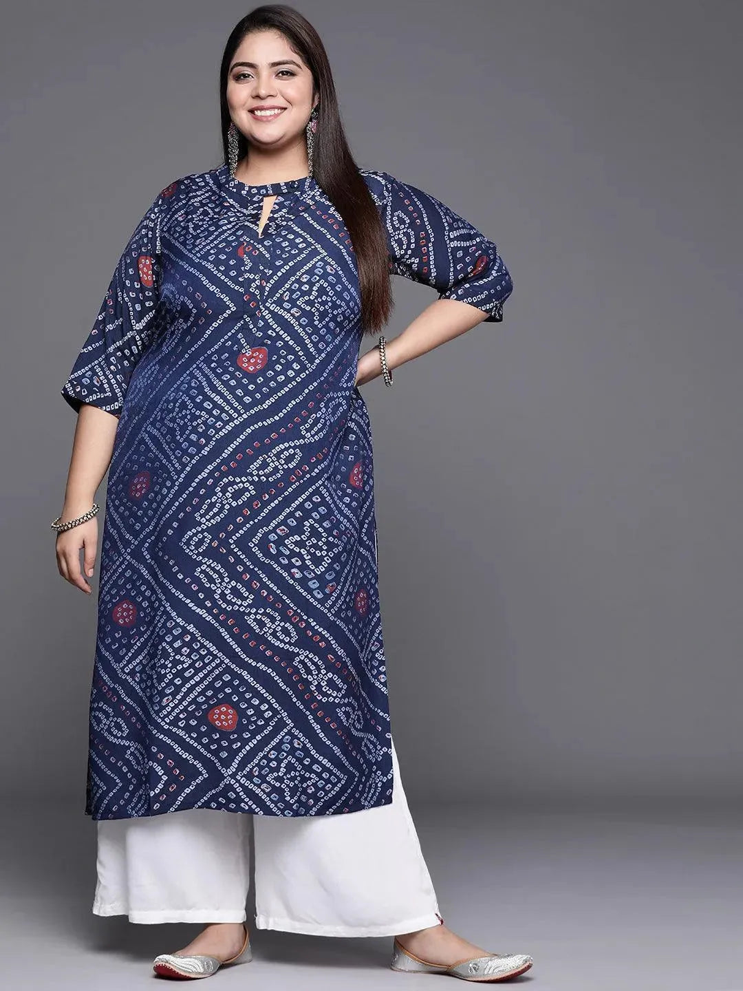 Plus Size Blue Printed Rayon Kurta - Libas