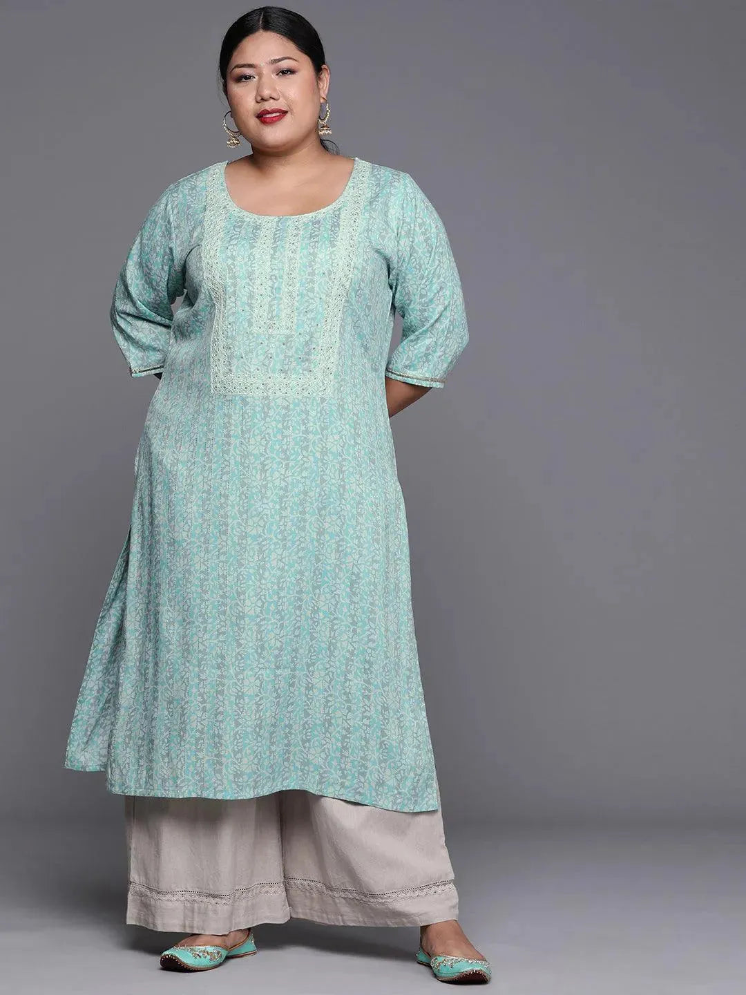Plus Size Blue Printed Rayon Kurta - Libas