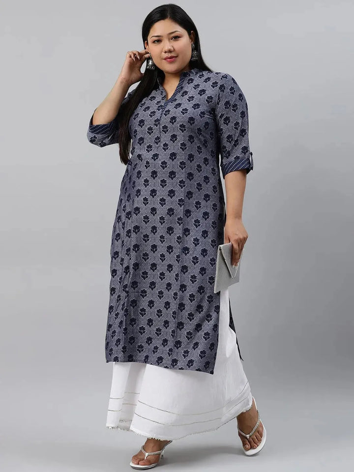 Plus Size Blue Printed Rayon Kurta - Libas