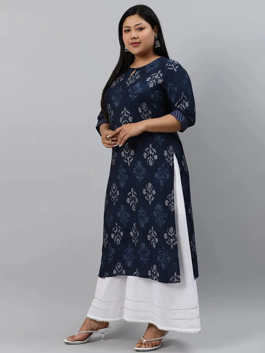 Plus Size Blue Printed Rayon Kurta - Libas