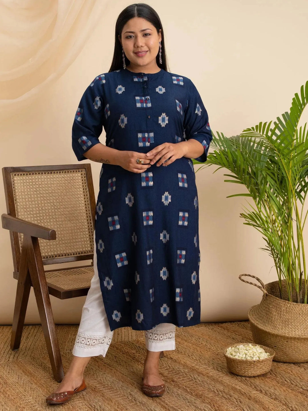 Plus Size Blue Printed Rayon Kurta - Libas 