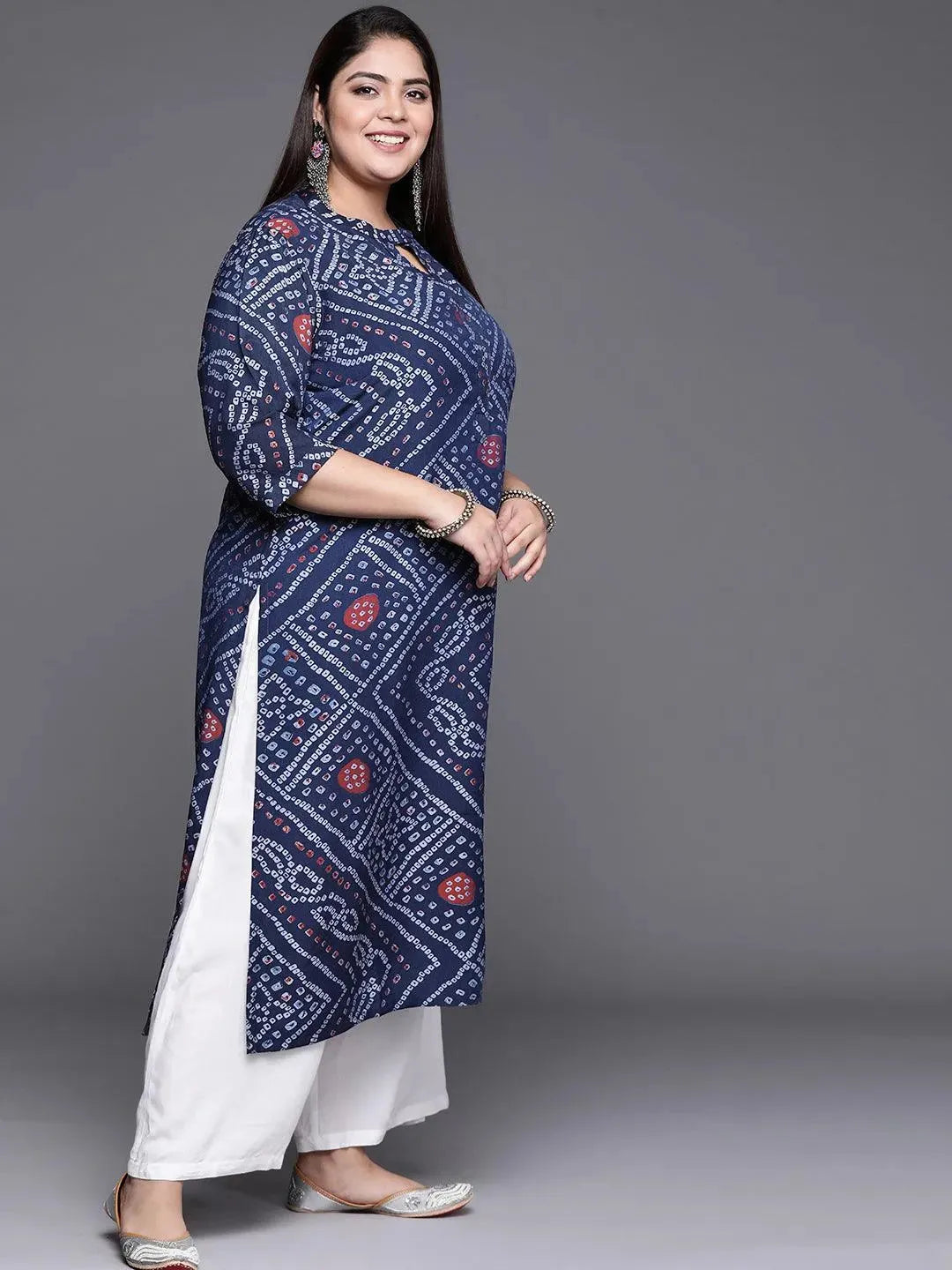 Plus Size Blue Printed Rayon Kurta - Libas 