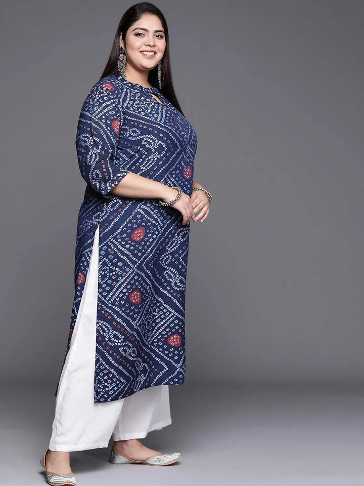 Plus Size Blue Printed Rayon Kurta - Libas