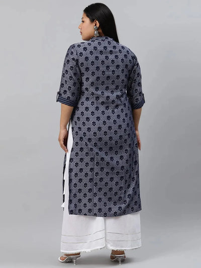 Plus Size Blue Printed Rayon Kurta - Libas