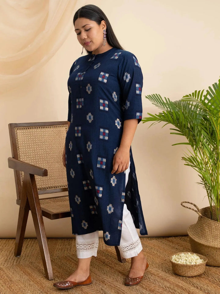 Plus Size Blue Printed Rayon Kurta - Libas