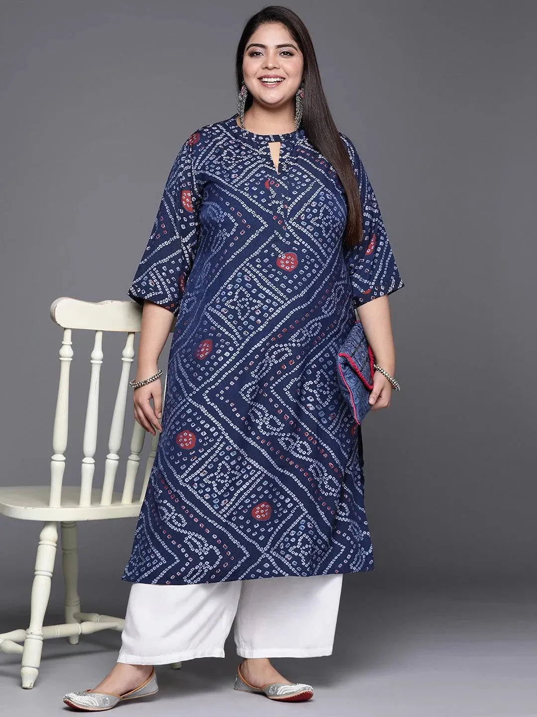 Plus Size Blue Printed Rayon Kurta - Libas