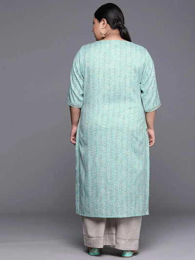 Plus Size Blue Printed Rayon Kurta - Libas