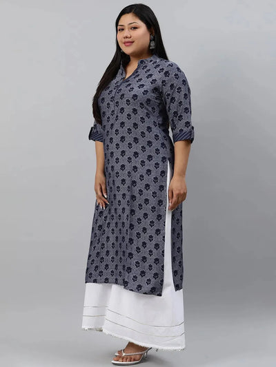 Plus Size Blue Printed Rayon Kurta - Libas