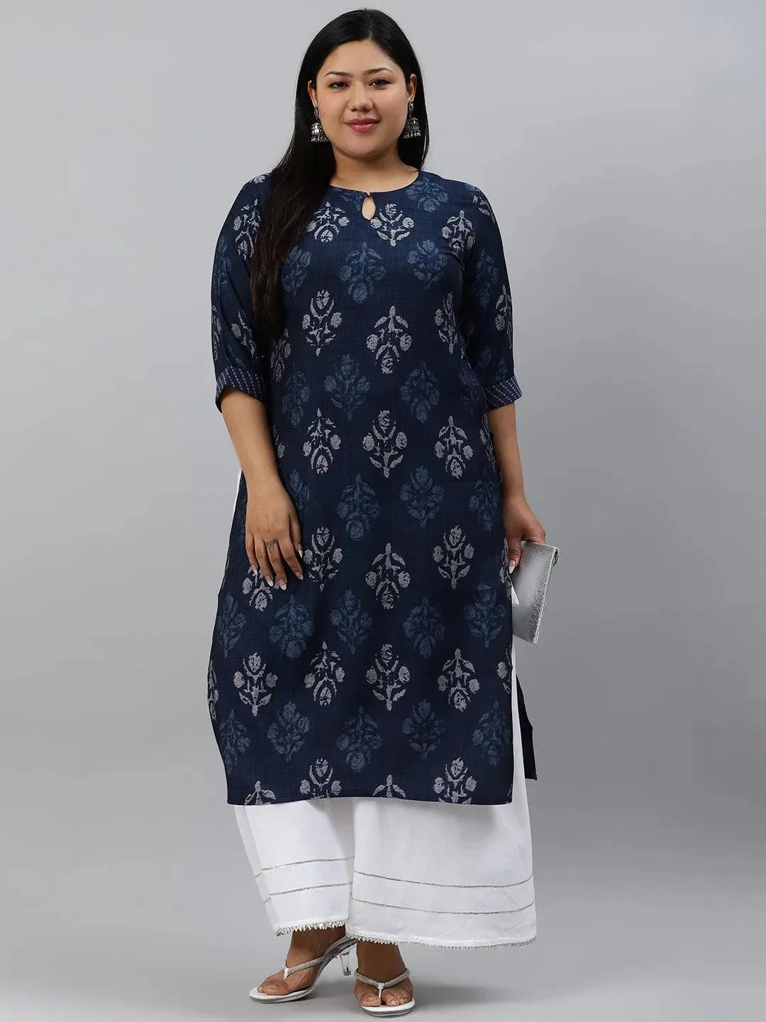 Plus Size Blue Printed Rayon Kurta - Libas