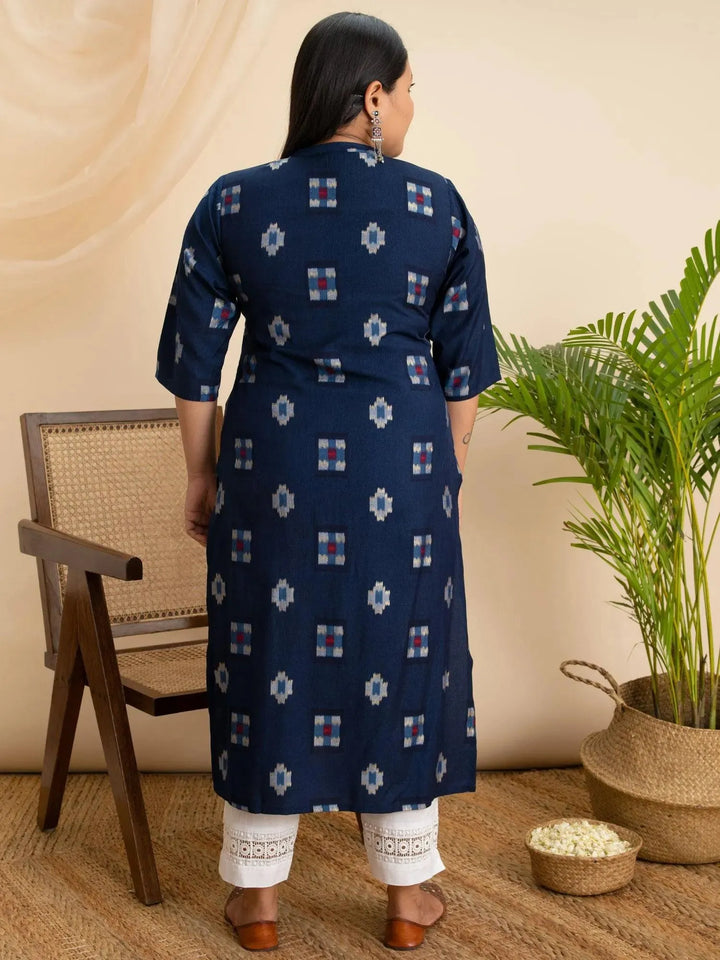 Plus Size Blue Printed Rayon Kurta - Libas