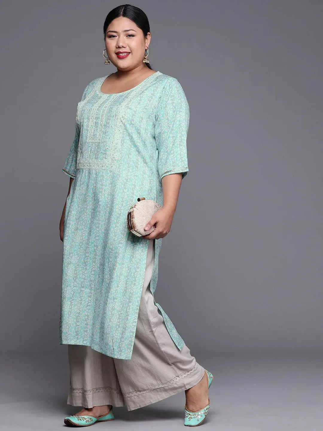 Plus Size Blue Yoke Design Rayon Kurta - Libas