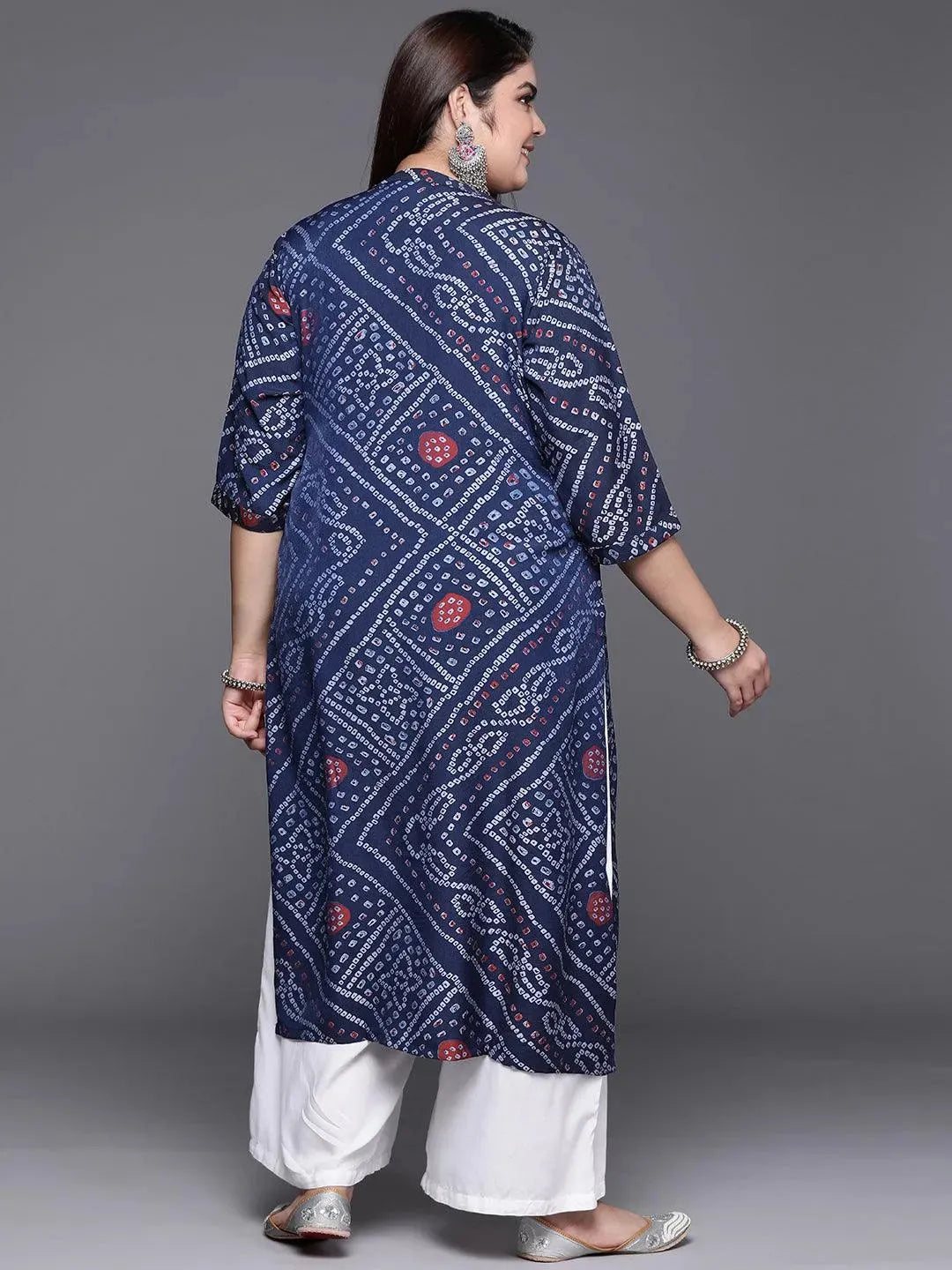 Plus Size Blue Printed Rayon Kurta - Libas