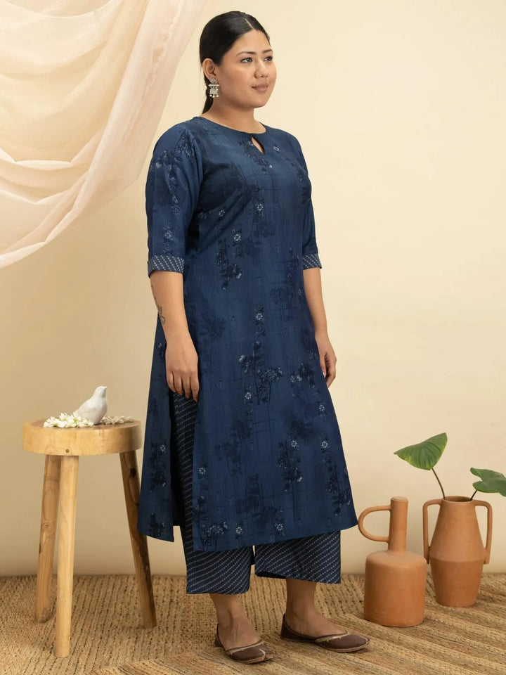 Plus Size Blue Printed Rayon Kurta Set - Libas