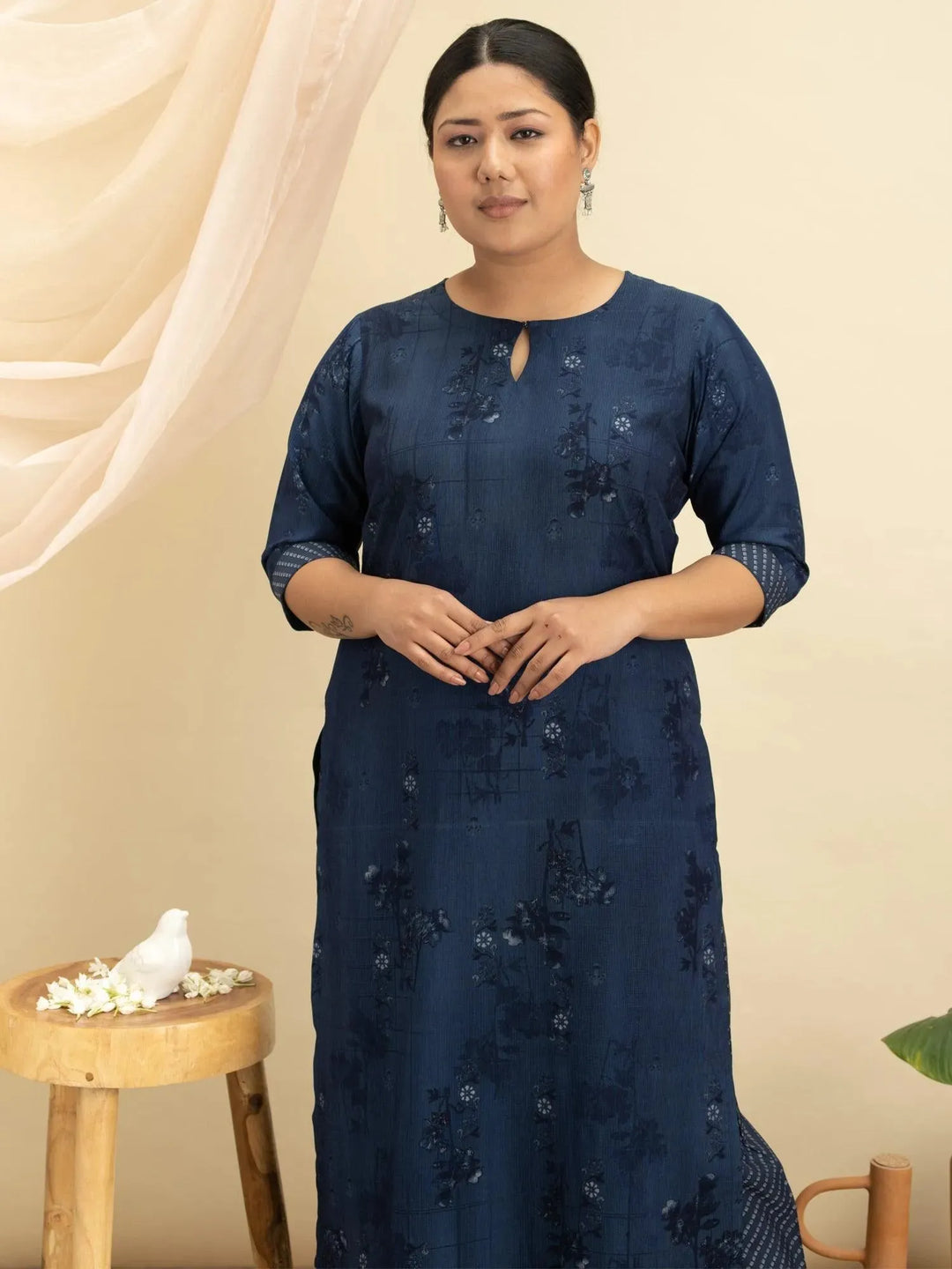 Plus Size Blue Printed Rayon Kurta Set - Libas 