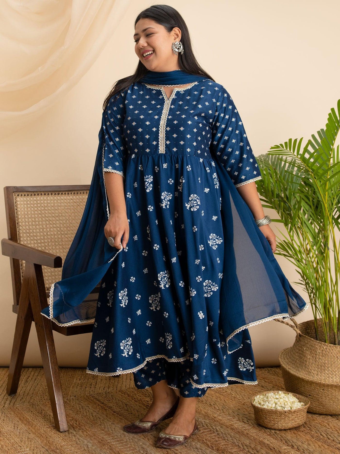 Plus Size Blue Printed Silk Suit Set - Libas
